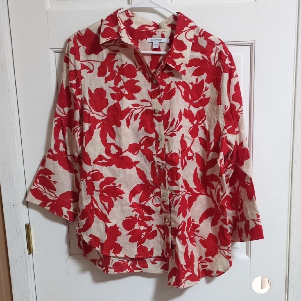 Chico's Floral Red and Cream Women's 100% Linen Top